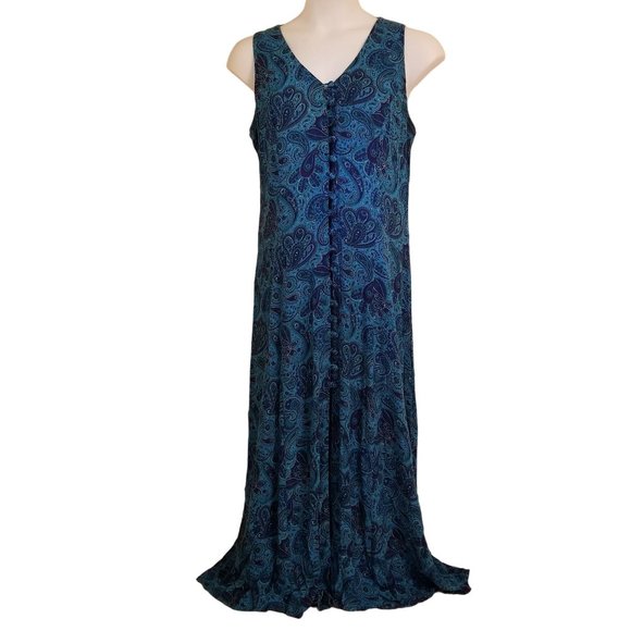 Sheri Martin 12 Blue Paisley Dress Sleeveless Maxi Back Cut Out Button Down - Picture 1 of 7